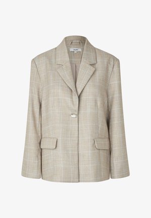Beżowa marynarka w kratę z pojedynczym zapięciem na guzik, klapami z wycięciem, dwoma przednimi kieszeniami i usztywnionymi ramionami. Materiał o fakturze, dopasowany krój.