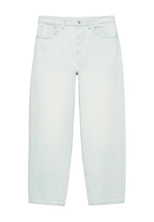 Jean droit taille haute bleu clair avec bouton devant, fermeture éclair, passants de ceinture et deux poches avant sur fond blanc.