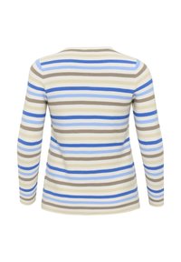 Long-sleeve top with a ribbed texture featuring horizontal stripes in blue, light blue, beige, and brown. Back view shows round neckline.