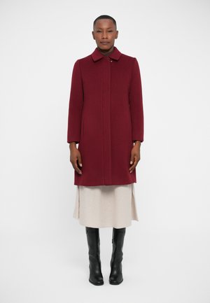 Burgundy wool coat with a collared neckline, single button closure, and side pockets, layered over a light beige dress and black knee-high boots.