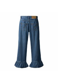 Jeans i denim med utsving i middels blått og volangkant. To baklommer har et V-formet design. Avsluttet med et brunt merke på livet.