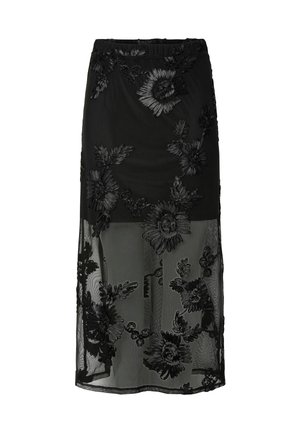 Svart brodert skjørt med blomsterdekor, halvtransparent stoff, innsvingt midje og en luftig design som gir et lagdelt utseende.