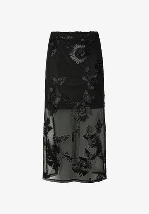Zwarte geborduurde rok met bloemmotieven, semi-transparante stof, een aangesloten taille en een vloeiend ontwerp, die een gelaagde uitstraling biedt.