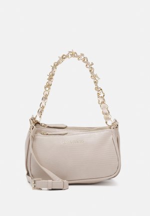 Beige textured Valentino handbag with gold chain handle featuring star-shaped links and detachable adjustable strap.