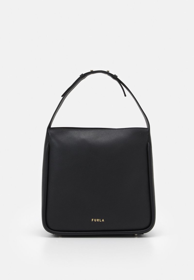 Sac à main rectangulaire en cuir noir avec une courte anse et un logo doré « FURLA » centré près du bas à l'avant.