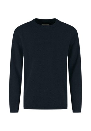 Navyblaues Langarm-Sweatshirt mit strukturiertem Strickmuster, Rundhalsausschnitt und gerippten Bündchen, das einen lockeren Schnitt bietet.