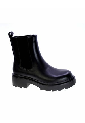 Stivale alla caviglia in pelle nera con pannelli elastici laterali, linguetta sul retro e suola robusta per trazione e durata.