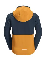 Giacca da uomo con corpo blu navy e cappuccio e parte inferiore arancioni, include una riflettente all'orlo. Texture liscia.