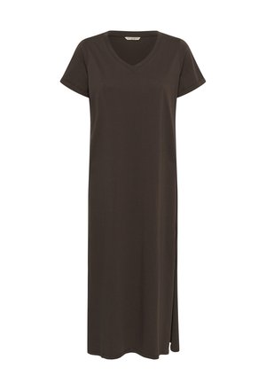 Robe midi à manches courtes de couleur brun foncé avec décolleté en V et fente latérale, fabriquée en tissu doux et léger.