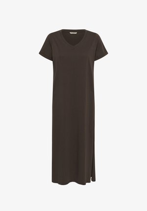 Robe midi à manches courtes de couleur brun foncé avec décolleté en V et fente latérale, fabriquée en tissu doux et léger.