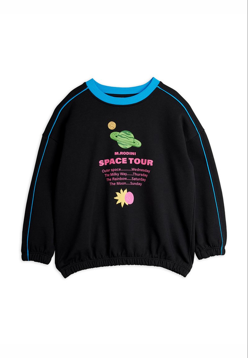 Μαύρο φούτερ με μπλε γιακά και ρίγες, με πολύχρωμα γραφικά πλανητών και ροζ κείμενο "M.RODINI SPACE TOUR" με θεματικές διαστημικών ημερών της εβδομάδας.