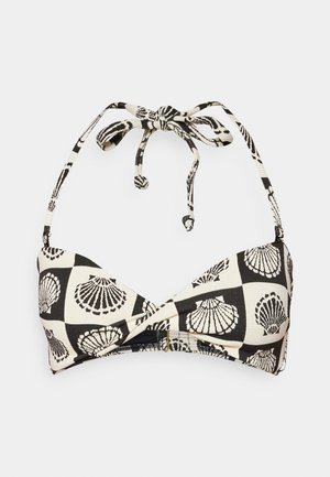 Juodos ir kremų spalvos halter tipo bikini viršus su kriauklių raštais, tekstūruotu audiniu, surišamu kaklo uždengimu ir sukta priekyje dizainu.