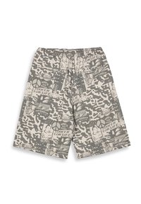 Grijze camouflagekorting met grafische prints en tekst, gemaakt van lichtgewicht stof. Elastische tailleband en twee zijzakken.