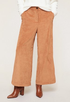 Pantalon large en velours côtelé camel porté avec des bottines marron à talons et un pull blanc, mains dans les poches.