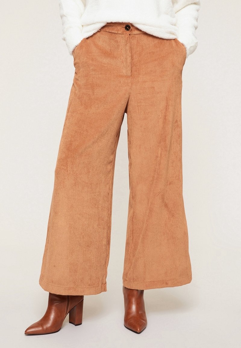 Pantalon large en velours côtelé camel porté avec des bottines marron à talons et un pull blanc, mains dans les poches.