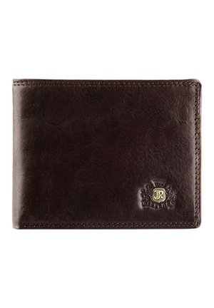 Portefeuille en cuir marron avec une finition texturée, de forme rectangulaire, bords cousus, détail de logo embossé à l'avant et extérieur lisse.