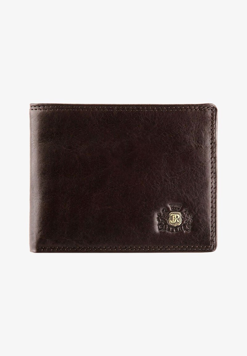 Portefeuille en cuir marron avec une finition texturée, de forme rectangulaire, bords cousus, détail de logo embossé à l'avant et extérieur lisse.