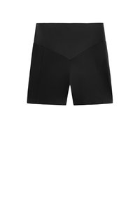 Shorts de sport taille haute noirs avec un design de couture en V à l'avant et une coupe ajustée.