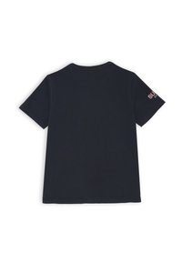 T-shirt nera in cotone, maniche corte, collo rotondo, con logo del marchio visibile in rosso-arancio sulla manica sinistra. Nessun motivo o dettaglio aggiuntivo.