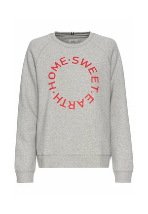 Grijze sweatshirt met een ronde grafische print met "HOME SWEET HOME" in rode tekst. Gemaakt van zachte stof met geribbelde manchetten en onderrand.