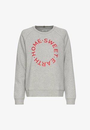 Grijze sweatshirt met een ronde grafische print met "HOME SWEET HOME" in rode tekst. Gemaakt van zachte stof met geribbelde manchetten en onderrand.