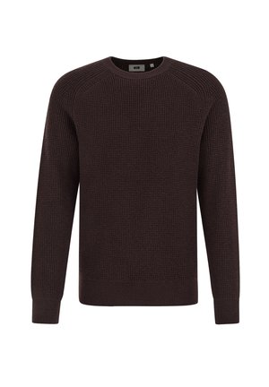 Ciemnobrązowy sweter dziany z teksturowanym wzorem, okrągłym dekoltem i ściągaczami przy rękawach oraz na dole. Wykonany z miękkiego, ciepłego materiału.
