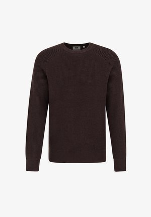 Tumepruun kudumispullover tekstuuriga mustriga, ümmarguse kaeluse ja soonikute mansettide ning hemiga. Valmistatud pehmest ja soojast materjalist.