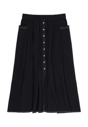 Jupe midi noire avec taille élastique, boutons sur le devant, deux poches latérales, et surpiqûres blanches contrastantes le long des bords et de la ligne de boutons.