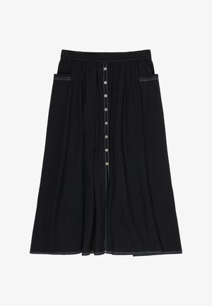 Jupe midi noire avec taille élastique, boutons sur le devant, deux poches latérales, et surpiqûres blanches contrastantes le long des bords et de la ligne de boutons.