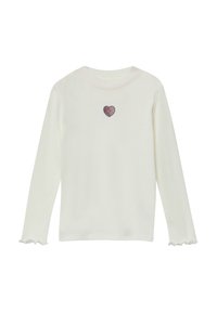 Crème lange mouw top met een ronde halslijn, voorzien van een kleine roze glitterhartdetail en gerimpelde manchet aan de mouwen.
