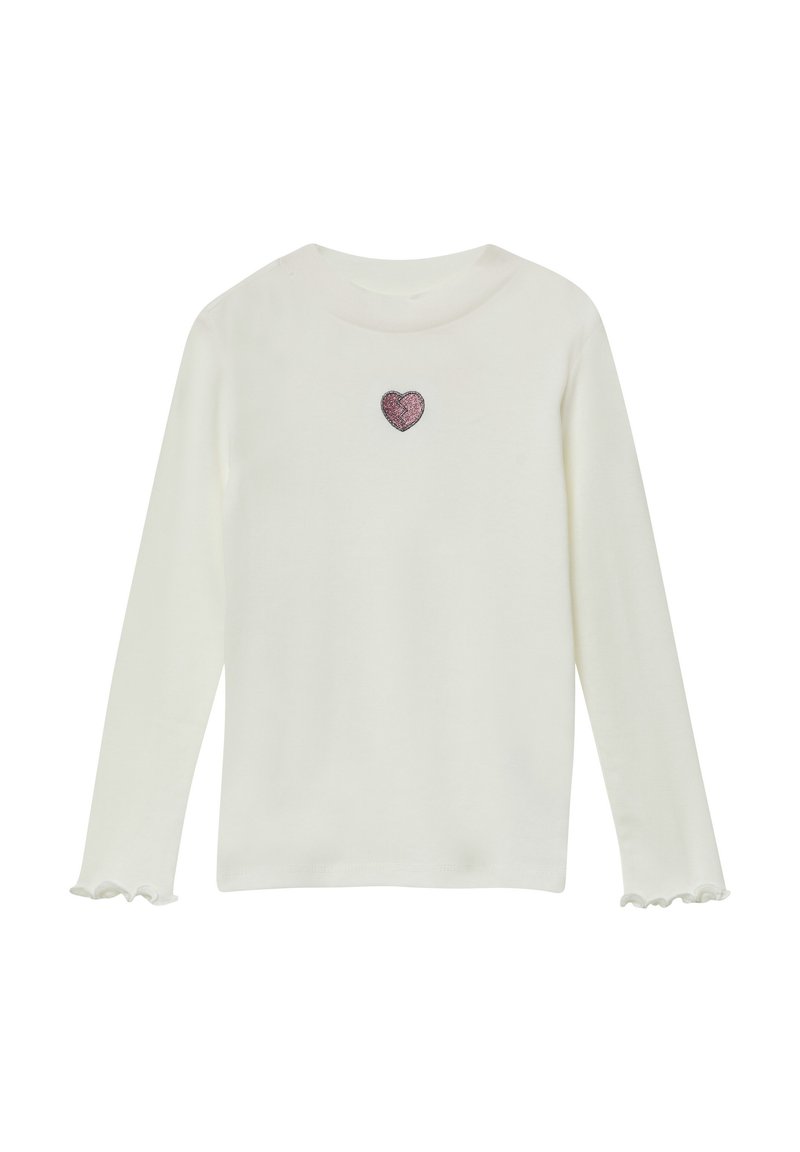 Crème lange mouw top met een ronde halslijn, voorzien van een kleine roze glitterhartdetail en gerimpelde manchet aan de mouwen.