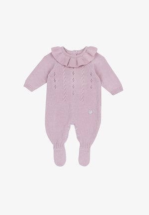 Rompers per neonati lavorati a maglia in un delicato rosa. Presenta un colletto arricciato, cuciture decorative e chiusure a scatto sul fondo. Maniche lunghe e design con piedi.
