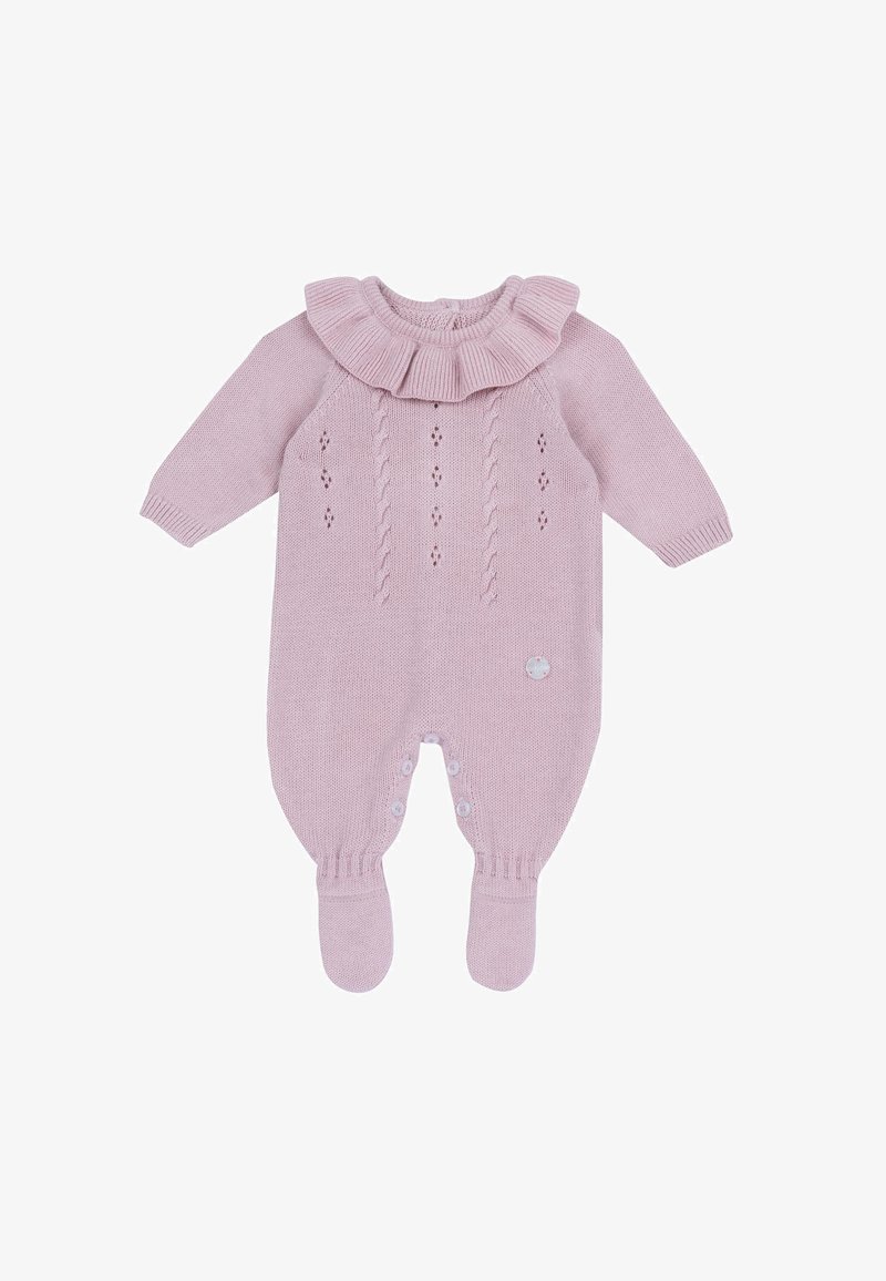 Bodysuit tricoté pour bébé en rose doux. Il possède un col froncé, des coutures décoratives et des fermetures à pression en bas. Manches longues et design avec pieds.
