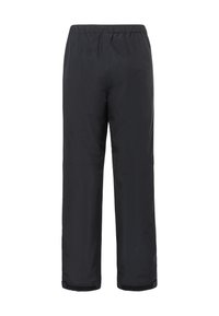 Pantaloni impermeabili neri con vita elastica, gambe dritte e polsini regolabili. Texture liscia e design minimalista.