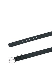 Black suede belt with a smooth finish, featuring a silver metal buckle, multiple adjustment holes, and a classic design.