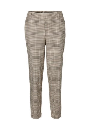 Pantalons à carreaux beiges avec une coupe ajustée, présentant une texture lisse et de subtils accents noirs. Design classique avec poches avant.