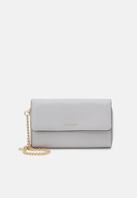 Gray leather clutch with a magnetic flap closure, gold chain strap, and embossed logo. Smooth texture and rectangular shape.