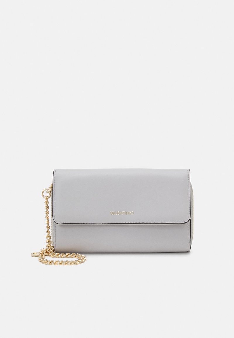 Gray leather clutch with a magnetic flap closure, gold chain strap, and embossed logo. Smooth texture and rectangular shape.