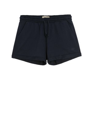 Granatowe elastyczne szorty z ściągaczem, bocznymi kieszeniami i małym logo na lewej nodze, prezentowane na białym tle.