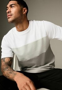 T-shirt à manches courtes avec une partie supérieure blanche, un milieu en jersey gris et une partie inférieure gris uni ; tissu lisse avec une coupe décontractée.