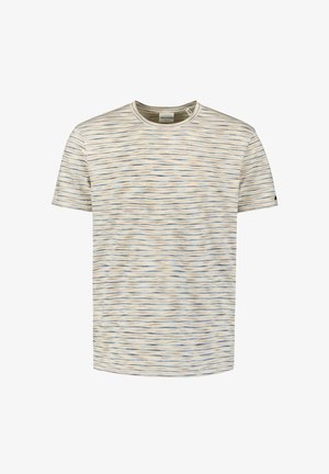 Short-sleeve t-shirt in light cream featuring a wavy blue and brown pattern, round neckline, and soft fabric texture.