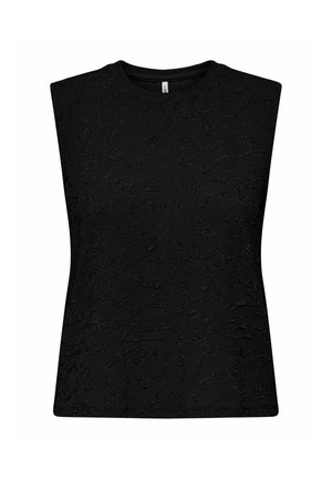 Zwart mouwloos topje met een gestructureerd, patroonrijk oppervlak. Ronde halslijn en losse pasvorm met rechte zoom. Geen zichtbare hardware of accenten.