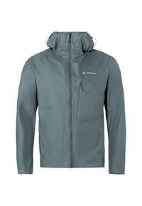Giacca impermeabile grigia con zip frontale, cappuccio regolabile e tasca laterale. Caratterizzata da una texture liscia e un design minimalista.