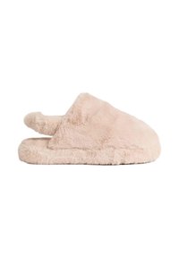 Pantofole in pelliccia sintetica rosa con design aperto sul retro, punta arrotondata e texture morbida. Presenta cuciture lungo la parte superiore e la suola.