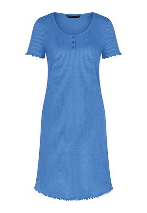 Niebieska prążkowana sukienka z krótkim rękawem, okrągłym dekoltem, trzema guzikami z przodu oraz falbankami na rękawach i dole.