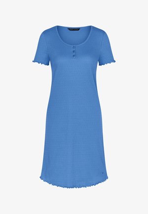 Niebieska prążkowana sukienka z krótkim rękawem, okrągłym dekoltem, trzema guzikami z przodu oraz falbankami na rękawach i dole.