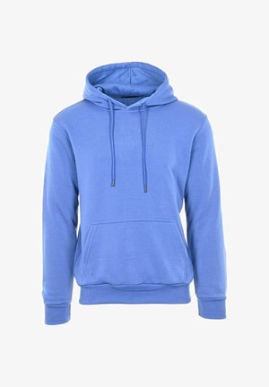 Felpa con cappuccio blu in misto cotone, dotata di tasca frontale a marsupio, cordini e polsini a coste per una vestibilità aderente.
