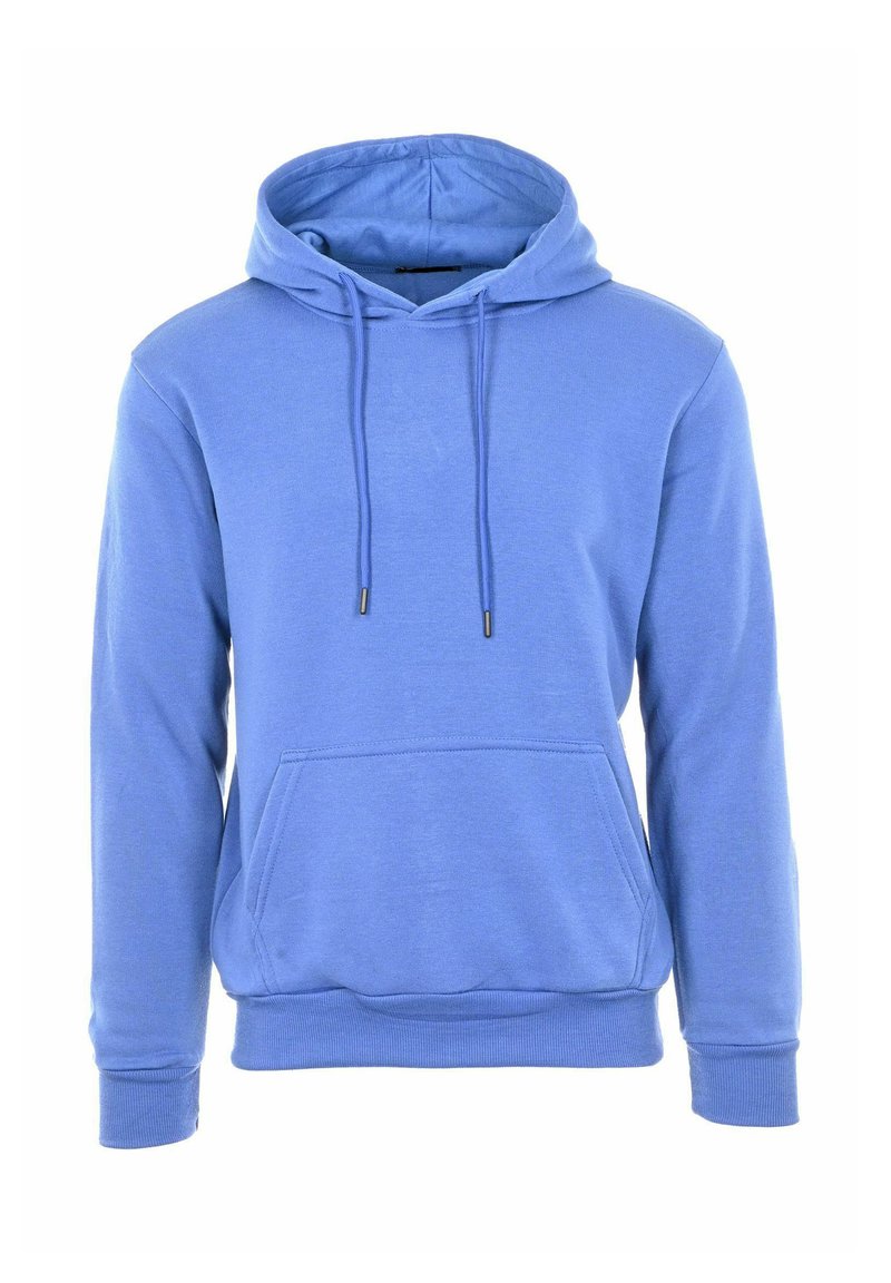 Felpa con cappuccio blu in misto cotone, dotata di tasca frontale a marsupio, cordini e polsini a coste per una vestibilità aderente.