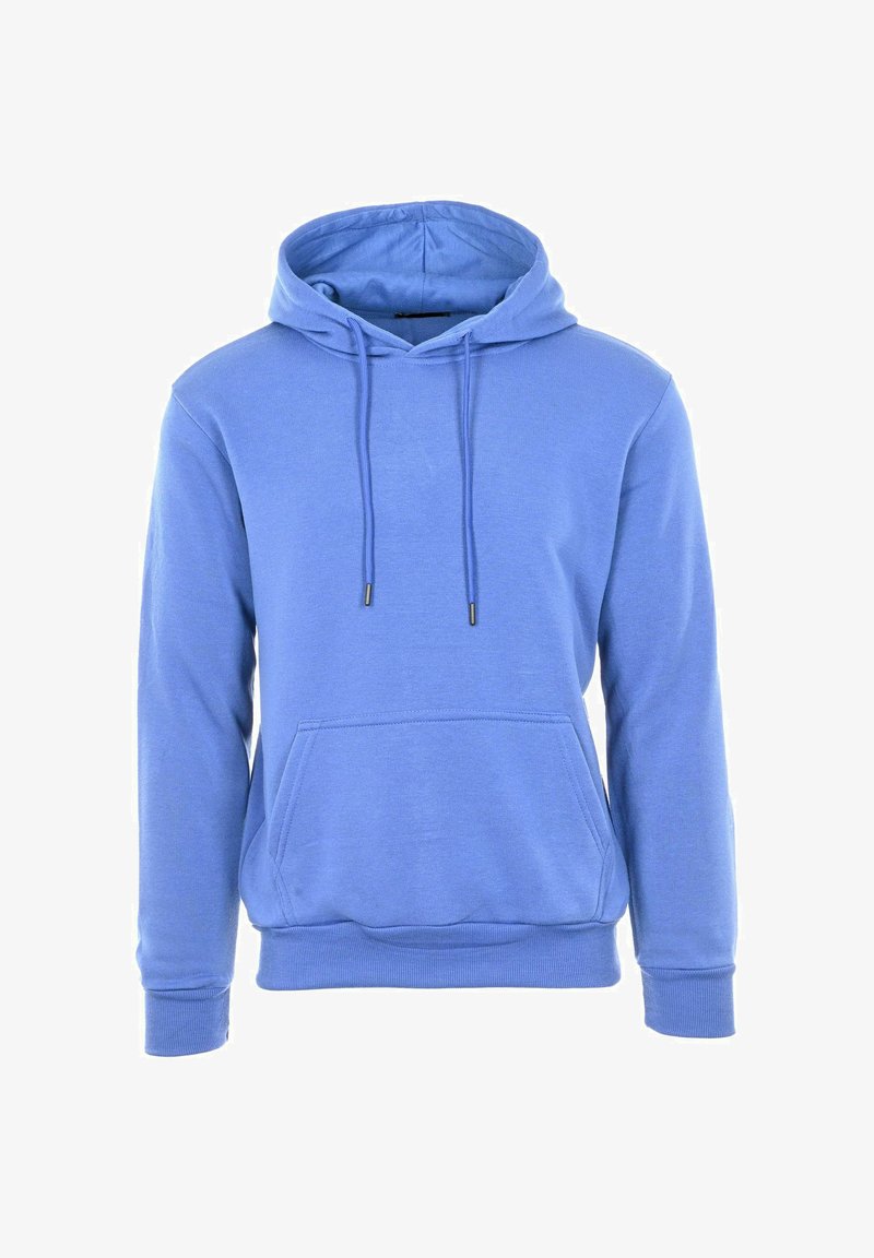 Felpa con cappuccio blu in misto cotone, dotata di tasca frontale a marsupio, cordini e polsini a coste per una vestibilità aderente.