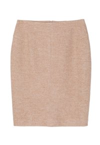 Beige knälång pennkjol med en subtil textur, med en dold dragkedja bak och två diskreta fickor på sidorna.